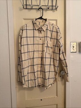 Universal Thread Cream Button-Down Shirt with Navy Windowpane Plaid